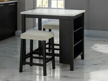 Dining Room Transitional 3pc Dining Set Gloss Table Top w Storage Shelves Side 2x Stools Black Ivory White