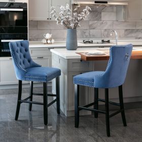 Contemporary Velvet Upholstered Barstools with Button Tufted Decoration and Wooden Legs, and Chrome Nailhead Trim, Leisure Style Bar Chairs,Bar stools