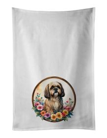Lhasa Apso and Flowers Kitchen Towel Set of 2 White Dish Towels Decorative Bathroom Hand towel for Hand, Face, Hair, Yoga, Tea, Dishcloth, 19 X 2