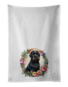 Black Russian Terrier and Flowers Kitchen Towel Set of 2 White Dish Towels Decorative Bathroom Hand towel for Hand, Face, Hair, Yoga, Tea, Dishcl