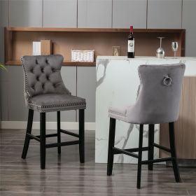 Contemporary Velvet Upholstered Barstools with Button Tufted Decoration and Wooden Legs, and Chrome Nailhead Trim, Leisure Style Bar Chairs,Bar s (Color: as Pic)