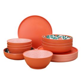 Bamboo Melamine 12-Piece Dinnerware Set (Color: Orange)